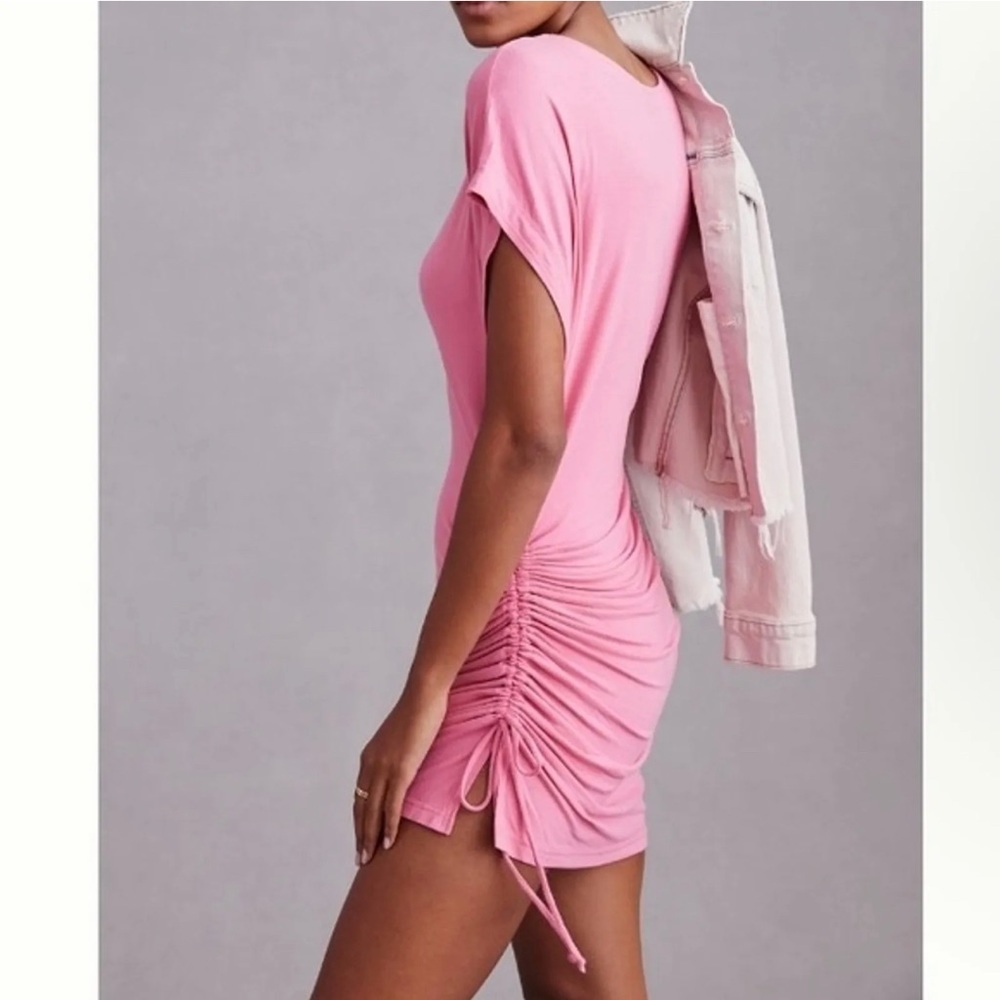 NWT Daily Practice X Anthropologie Pink Ruched Mini Dress Cinched Tie Bodycon